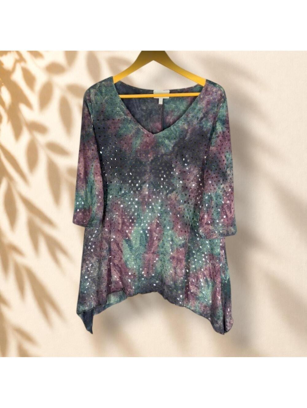 Essentials Tunic Top Women 0X Plus Gray Tie Dye 3/4 Sleeve Rhinestone V-Neck
